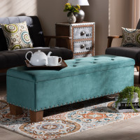 Baxton Studio BBT3136-Teal Velvet/Walnut-Otto Hannah Modern and Contemporary Teal Blue Velvet Fabric Upholstered Button-Tufted Storage Ottoman Bench